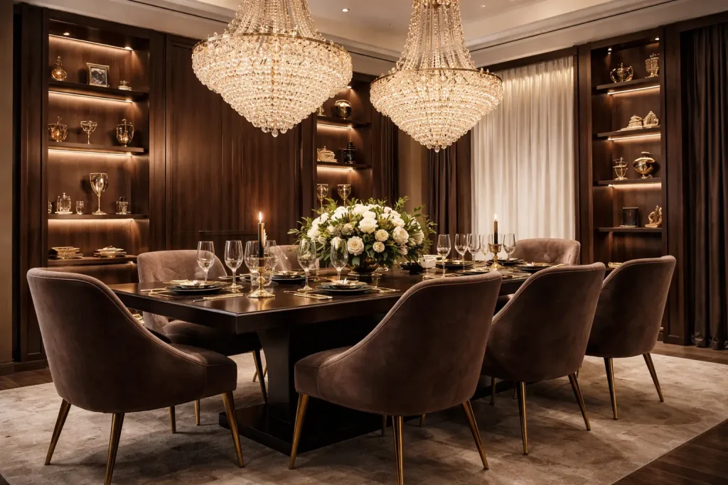 Royal Walnut & Gold Elegance — Dark Wood & Gold Luxury Dining Room
