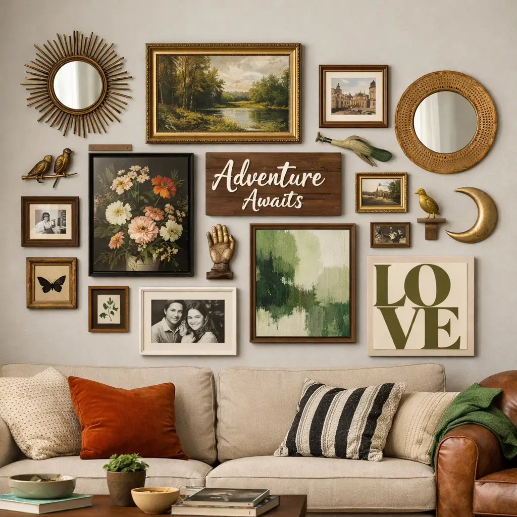 Eclectic Gallery Wall with Warm Earth Tones & Vintage Charm