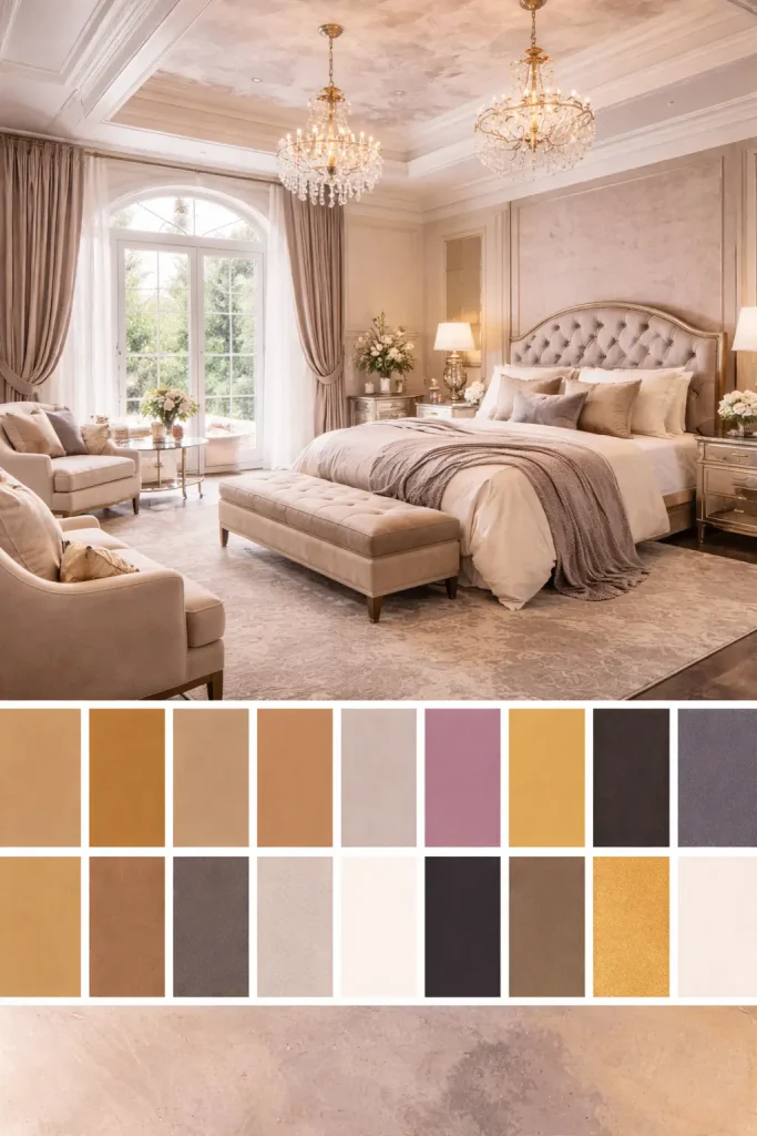 Luxury Neutral Bedroom with Camel, Ivory & Gold Color Palette