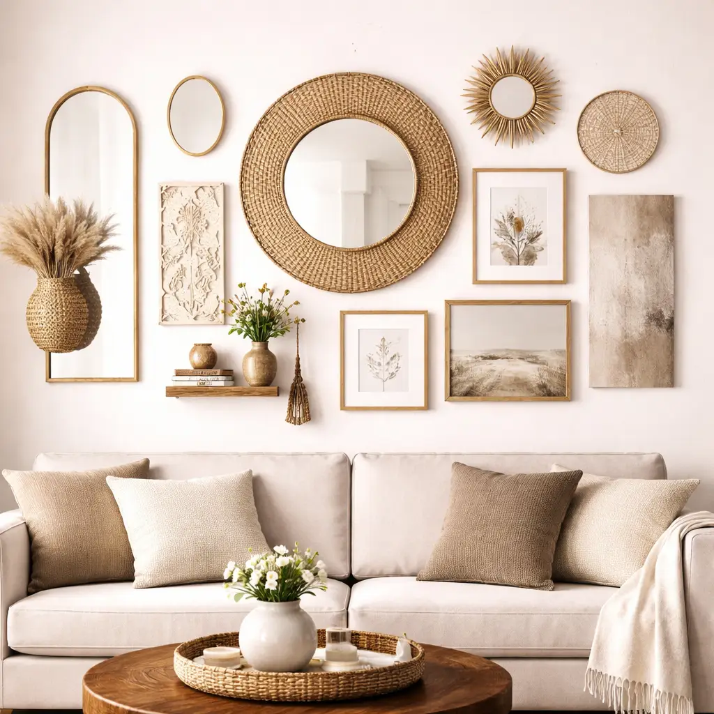 Boho Gallery Wall with Mirrors, Textures & Decorative Accents