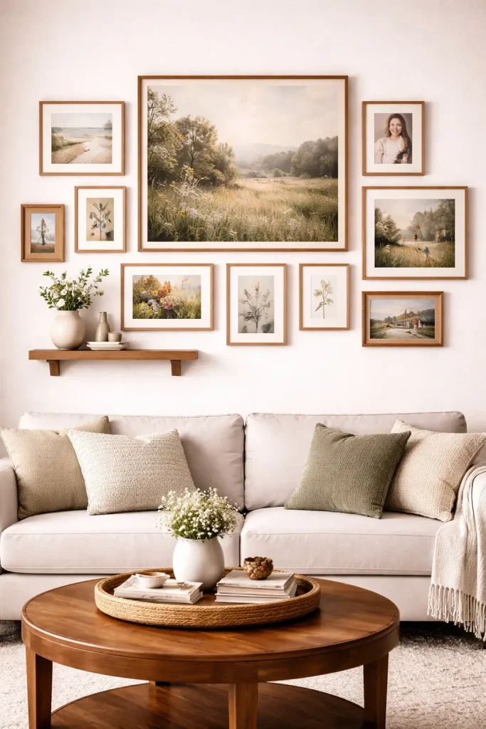 Gallery Wall with Natural Wood Frames for a Warm Look