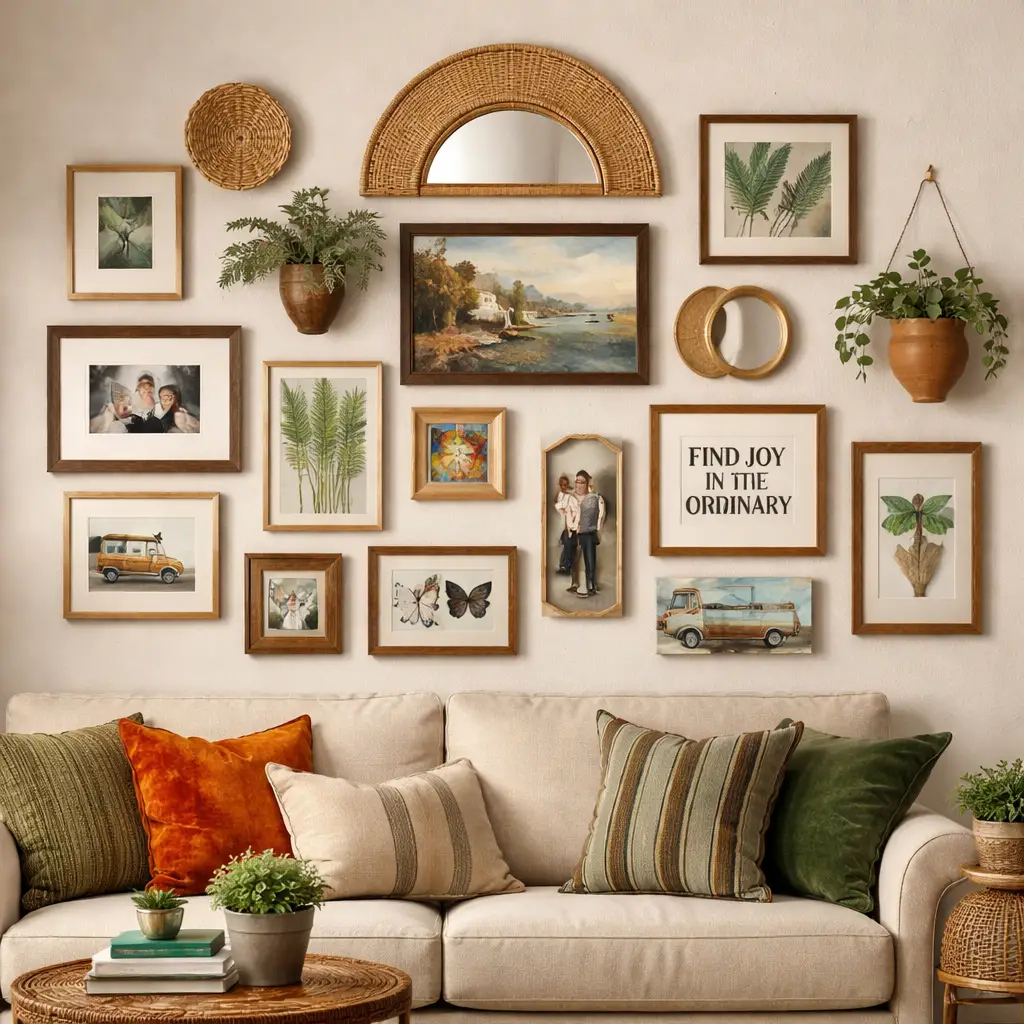 Boho Gallery Wall with Natural Textures & Botanical Art