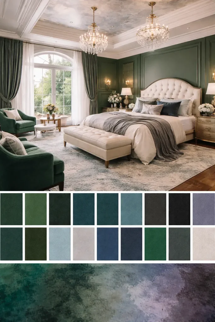 Elegant Green Bedroom with Blue and Forest Color Palette