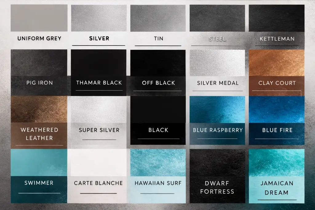 Living Room Design poster featuring a modern gray-toned living room at the top and a grid of 20 labeled color swatches below, including shades of gray, black, brown, silver, and vibrant blue accents
