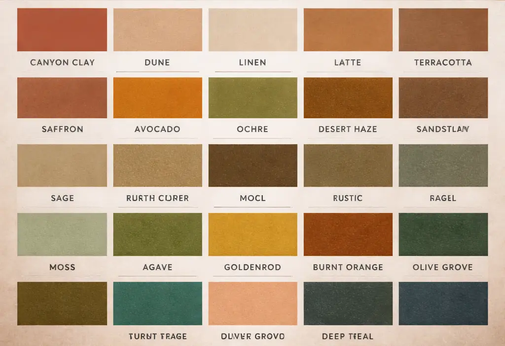 Vertical image of a bohemian living room with a beige sofa, rust and olive accent pillows, woven pendant lights, wooden shelves, plants, and a patterned rug, with a grid of 20 earthy color swatches in warm browns, greens, oranges, and neutrals