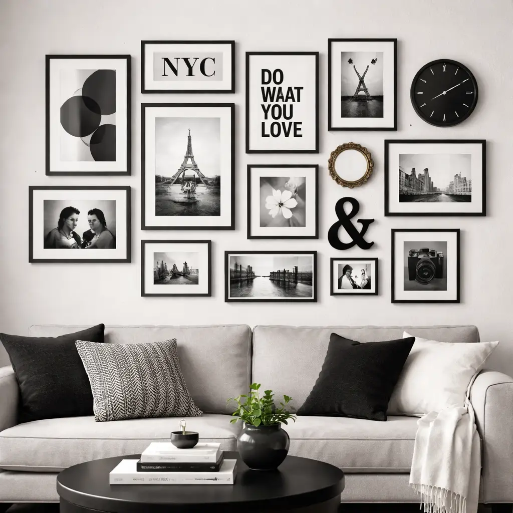 Modern Black-and-White Gallery Wall for a Minimalist Living Room