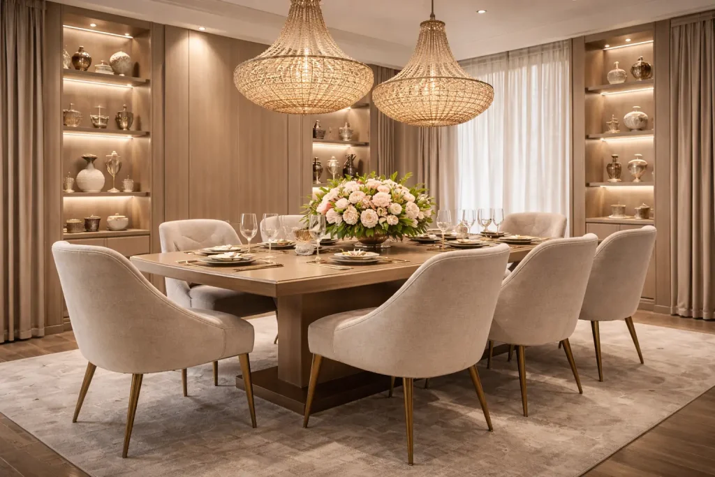 Champagne Beige Serenity — Soft Elegant Neutral Dining RoomChampagne Beige Serenity — Soft Elegant Neutral Dining Room