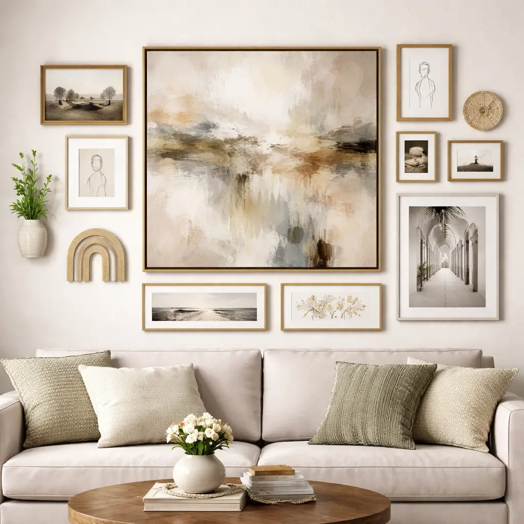 Statement Art Gallery Wall with Balanced Supporting Frames