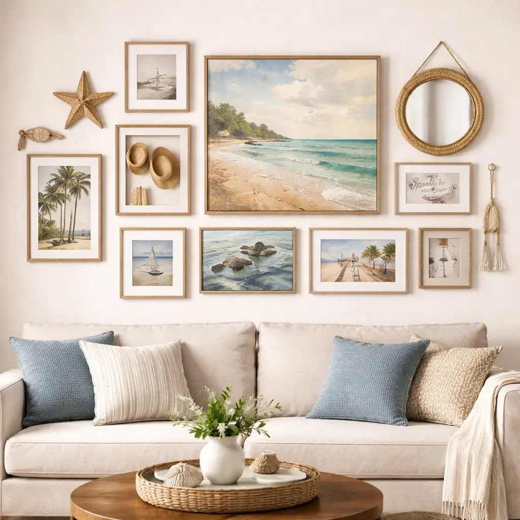 Coastal Gallery Wall with Beach Art & Natural Textures