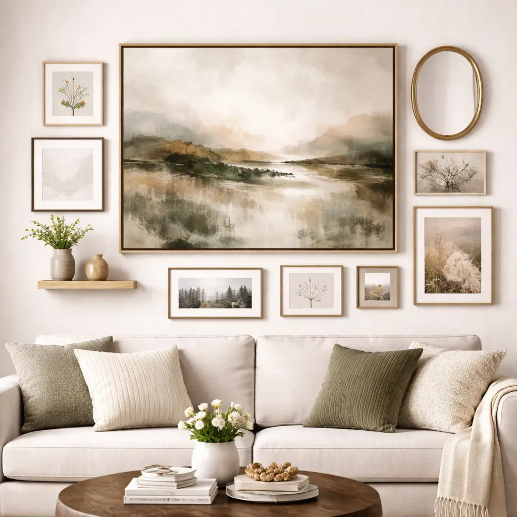Neutral Statement Art Gallery Wall with Balanced Frame Layout