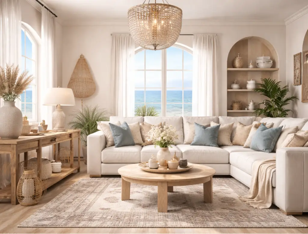 bright coastal living room with a white sectional sofa, blue and beige pillows, wooden furniture, woven chandelier, ocean view through large windows, and a grid of 20 soft neutral and blue color swatches displayed