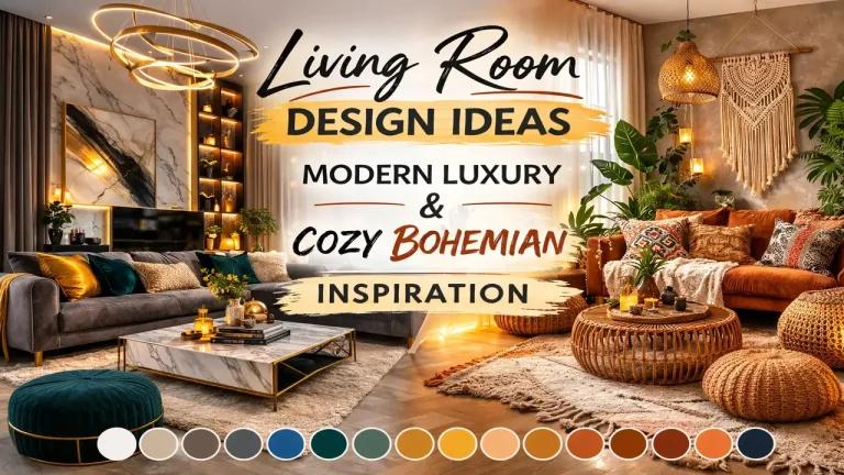 Split-style living room design thumbnail showing modern luxury interior with marble and gold accents on the left and cozy bohemian living room with warm earthy tones and rattan decor on the right, titled “Living Room Design Ideas: Modern Luxury & Cozy Bohemian Inspiration
