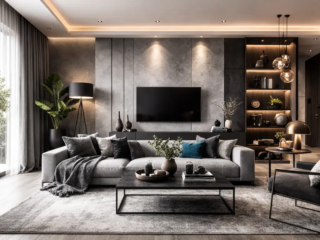 Vertical Houzz Living Room Design poster featuring a modern gray-toned living room at the top and a grid of 20 labeled color swatches below, including shades of gray, black, brown, silver, and vibrant blue accents