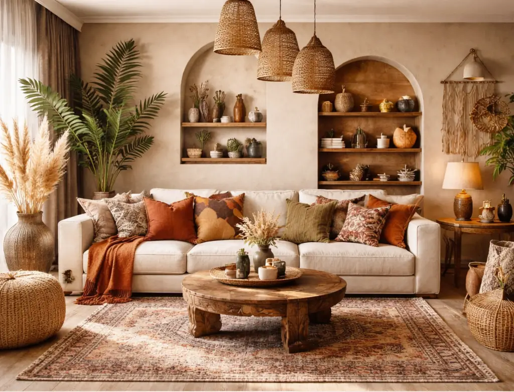Vertical image of a bohemian living room with a beige sofa, rust and olive accent pillows, woven pendant lights, wooden shelves, plants, and a patterned rug, with a grid of 20 earthy color swatches in warm browns, greens, oranges, and neutrals