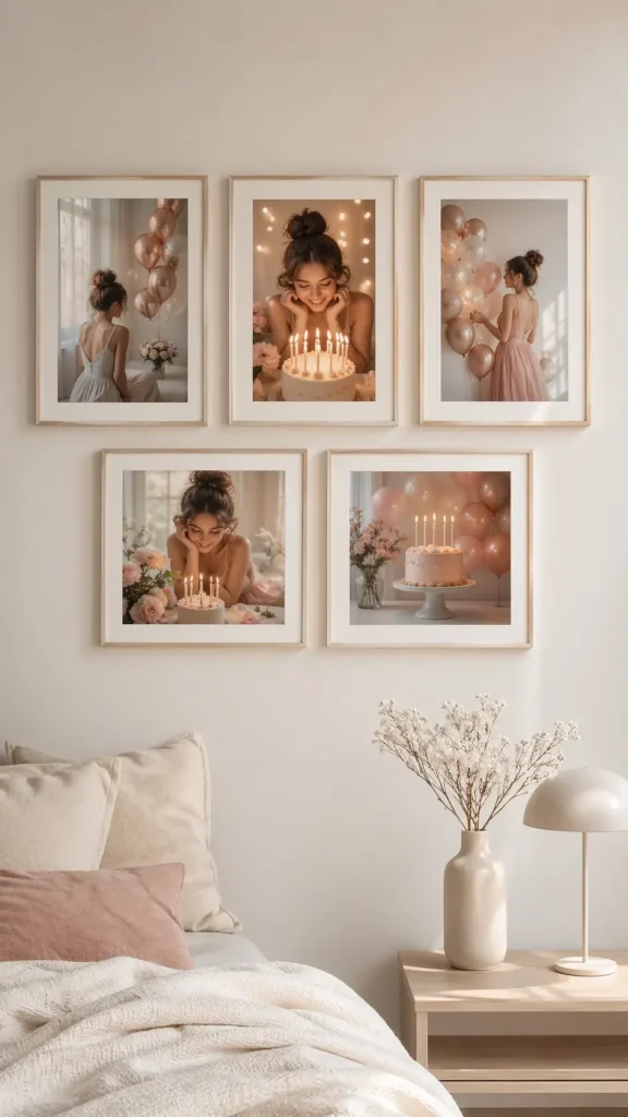 Minimalist bedroom wall with six framed birthday photos in soft neutral tones arranged in a 3x2 grid above a cozy bed with beige decor