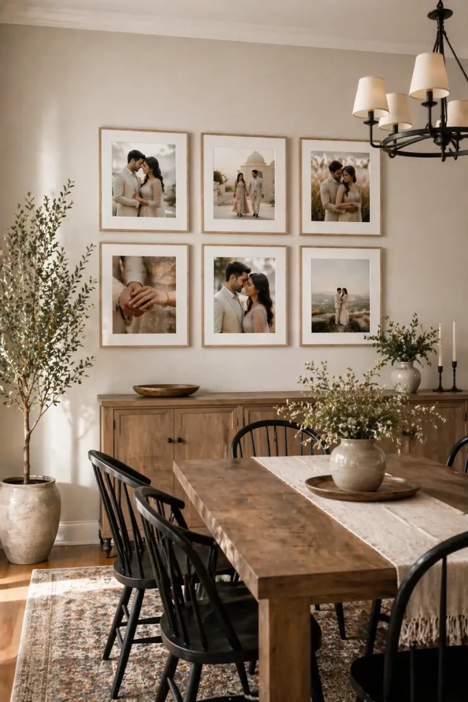 Dining room wall decorated with a minimalist gallery of engagement photos in matching light wood frames.