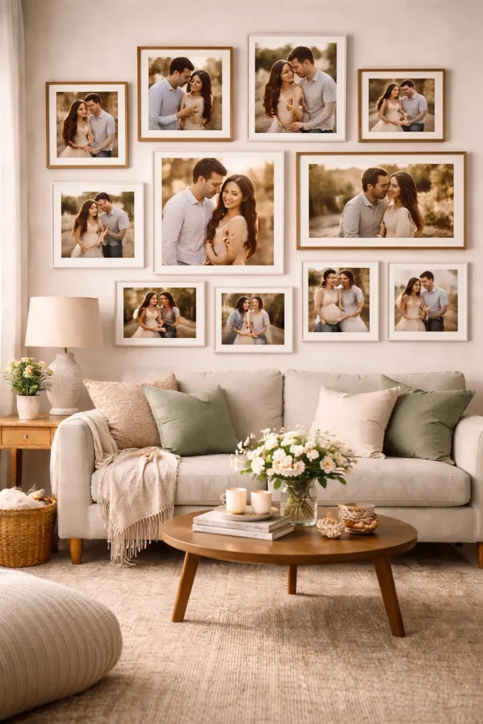 Neutral living room with a large gallery wall of framed family photos above a beige sofa and wooden coffee table.