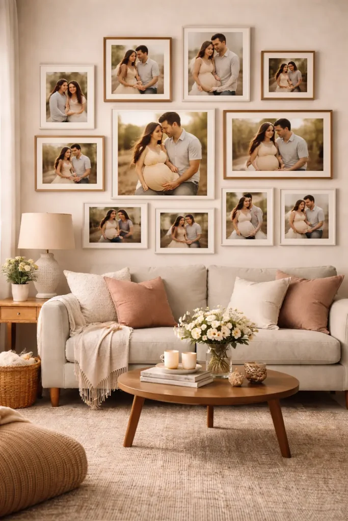Elegant living room with framed wedding photographs displayed in a gallery wall above a cream-colored sofa.