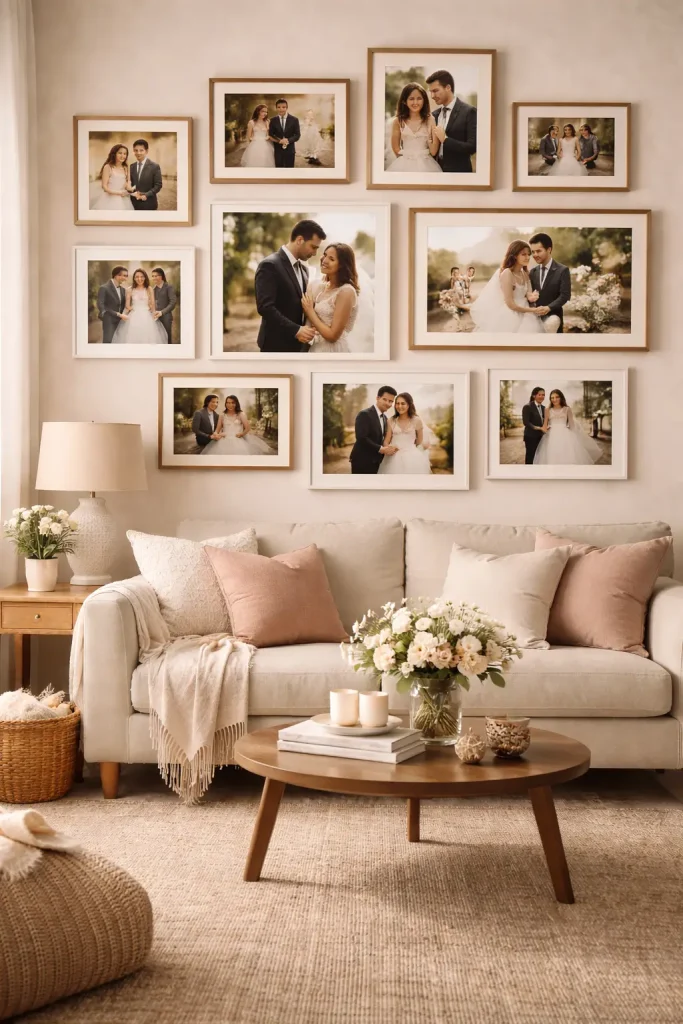 Modern cozy living room with framed engagement photos arranged as a gallery wall above a neutral sofa with green accent pillows.