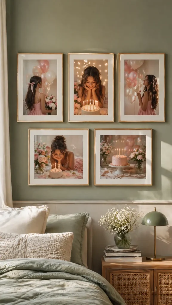 Sage green bedroom wall with six framed birthday photos arranged neatly above a bed with soft green and neutral bedding
