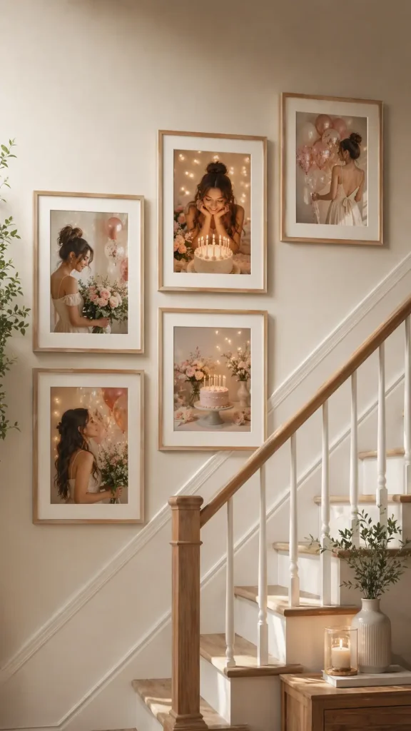Staircase wall decorated with framed birthday photos in soft neutral tones arranged along the stairs with wooden railing and cozy decor