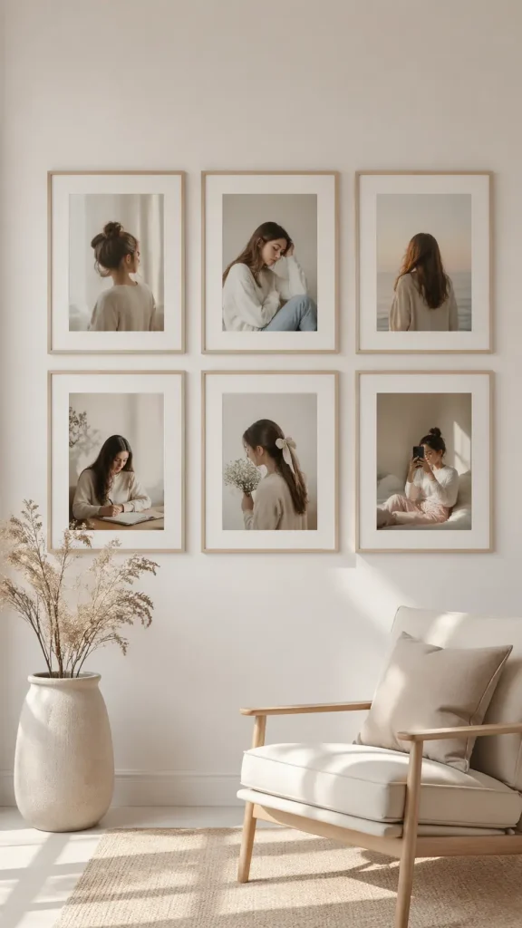 A minimalist living space with a neutral color palette, featuring six framed photos arranged in a 3×2 grid on a white wall, depicting soft-toned portraits of teenage girls, alongside a cozy chair and decorative vase in warm natural light.