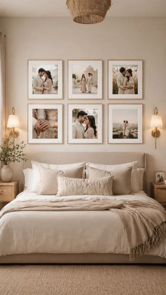 Neutral bedroom with a 3x2 engagement photo gallery wall above the bed in soft wood frames.
