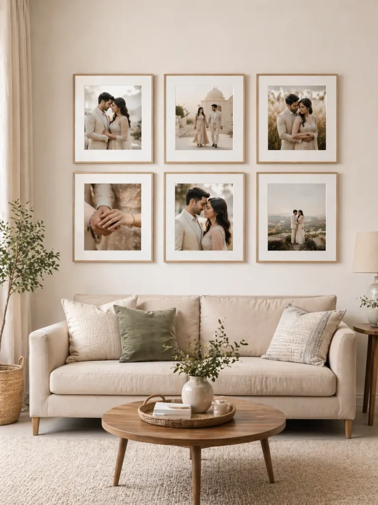 Elegant living room with six framed engagement photos arranged neatly above a beige sofa.