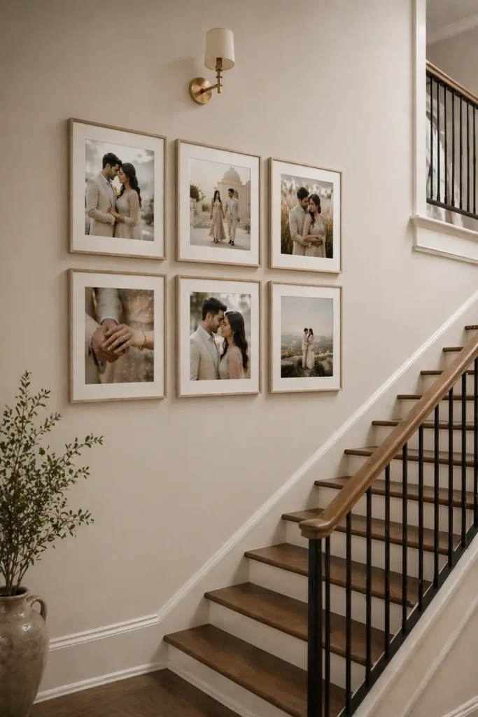 Modern staircase wall featuring six framed engagement photos arranged in a clean gallery layout.
