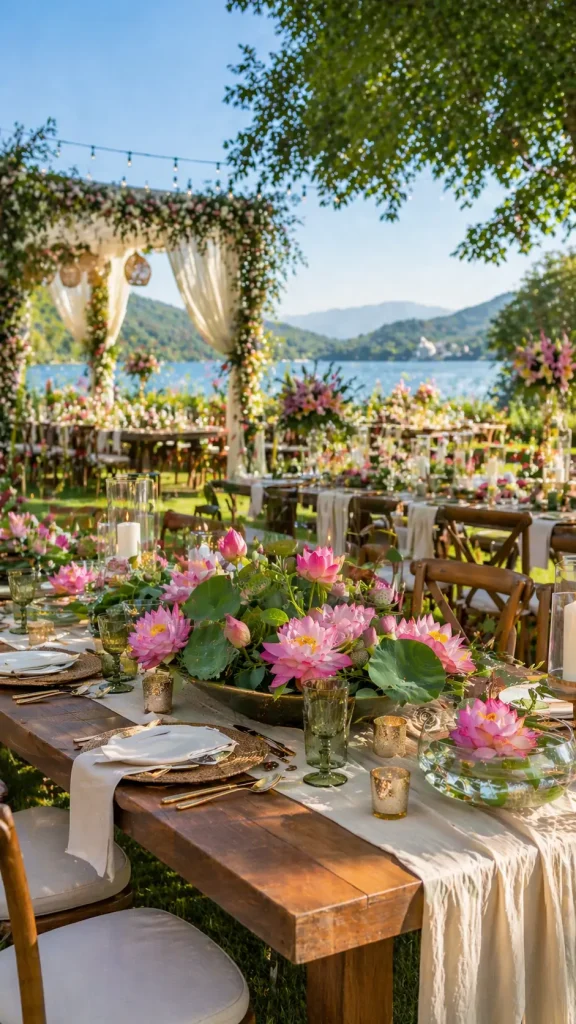 Outdoor wedding table with pink lotus flower arrangements and candles set beside a scenic lakeside view.