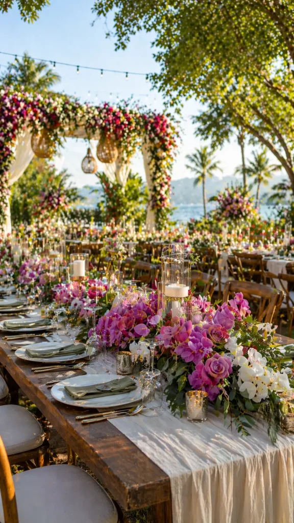 Elegant outdoor wedding table decorated with pink and white orchids, candles, and tropical garden background.