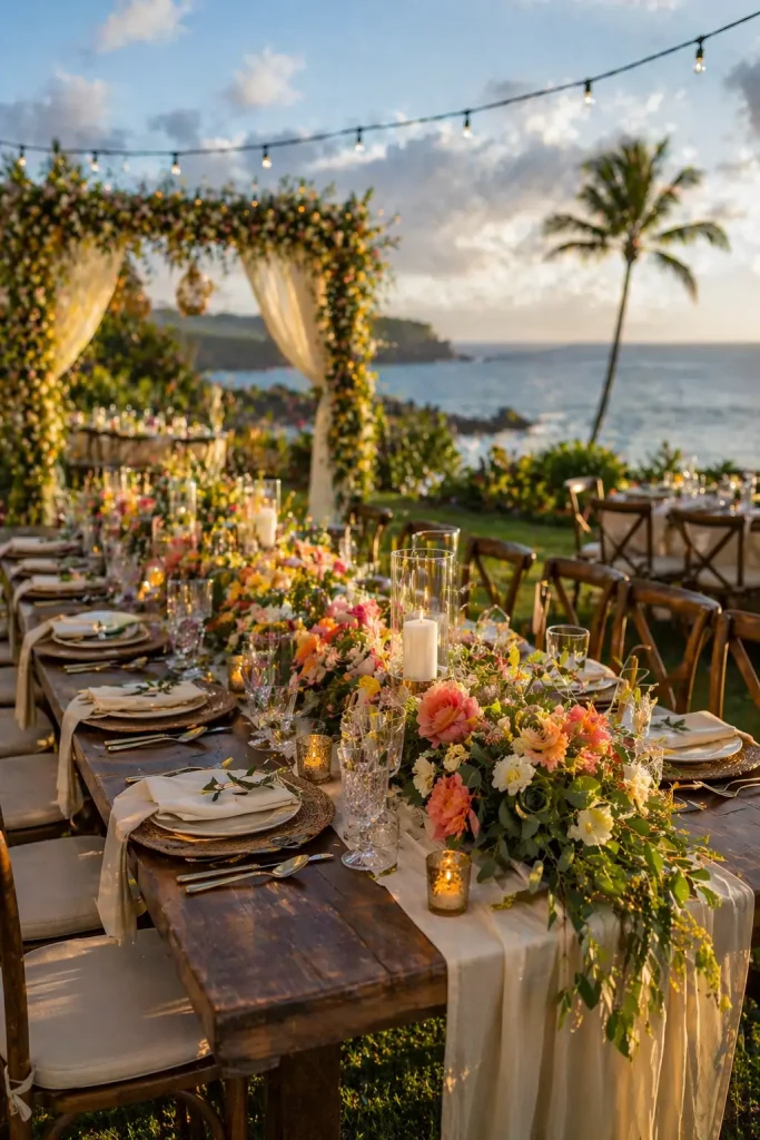 Outdoor wedding table with pastel flowers and candles set against a sunset ocean view.