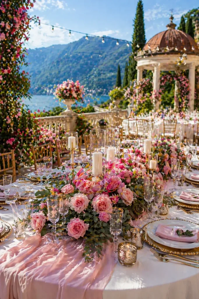 Luxury outdoor wedding table decorated with pink roses, candles, and elegant tableware overlooking scenic mountains.