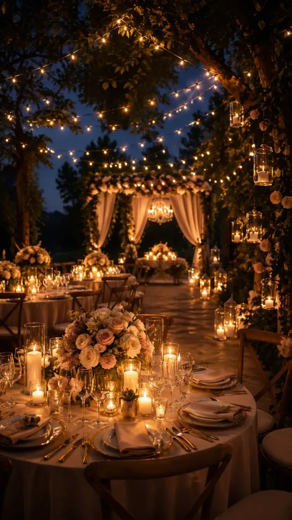 Elegant outdoor wedding reception with candlelit tables, floral centerpieces, and warm string lights creating a romantic evening ambiance.