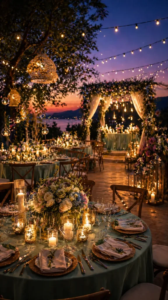 Boho outdoor wedding reception at sunset with glowing fairy lights, rustic tables, floral decor, and a scenic view.