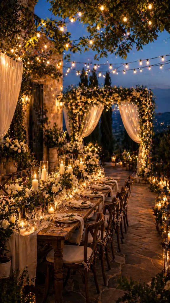 Outdoor terrace wedding with floral arch, draped fabric, long wooden table, and glowing candles in a romantic garden setting.