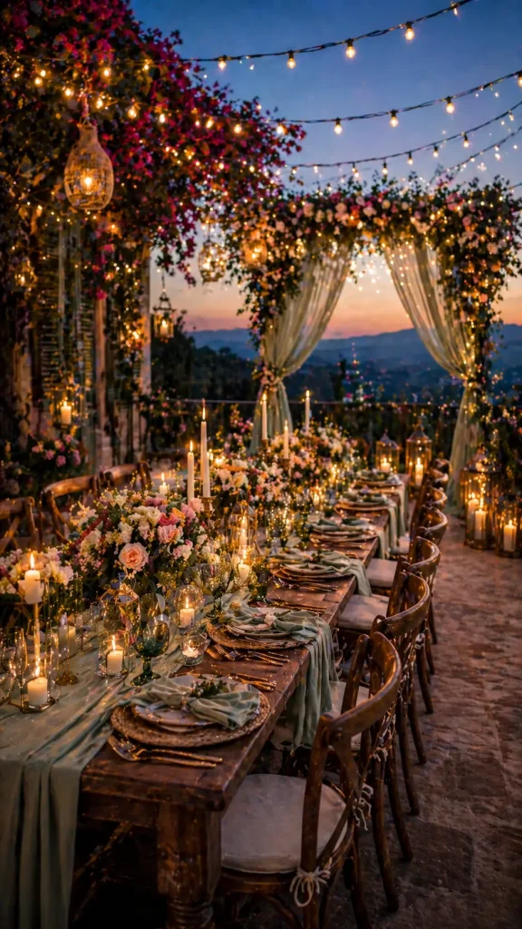 Elegant outdoor wedding dinner with long wooden table, candles, floral arrangements, and string lights in a Mediterranean-style setting.