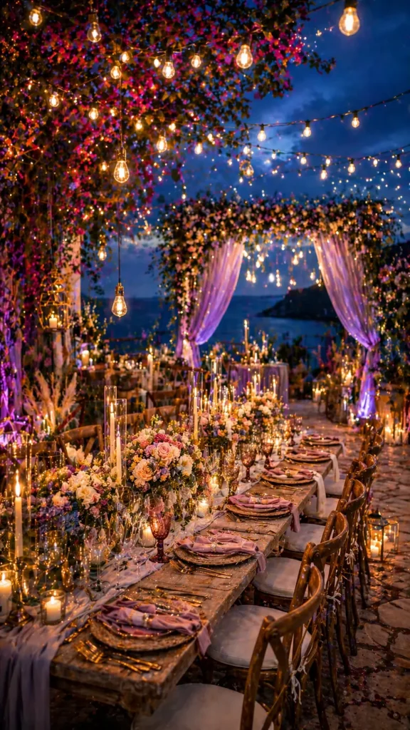 Romantic twilight wedding reception with lavender drapes, pink flowers, candlelit tables, and glowing string lights by the sea.