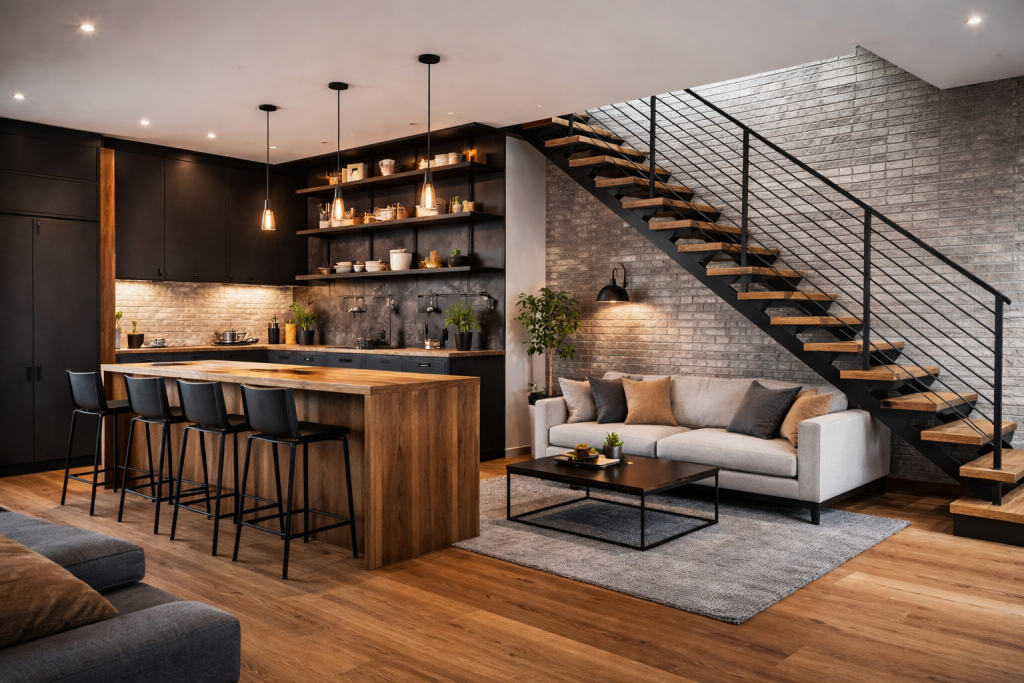 Modern home interior with wood finishes and black metal elements in kitchen and staircase design