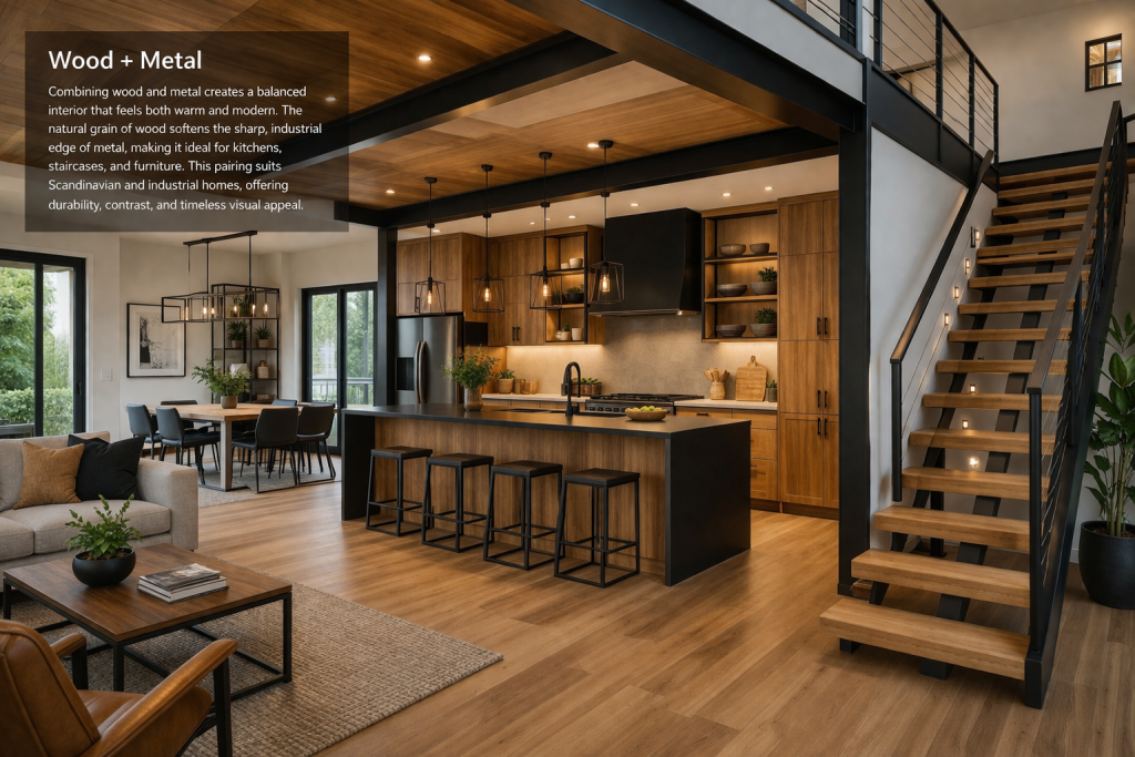 Modern home interior with wood finishes and black metal elements in kitchen and staircase design