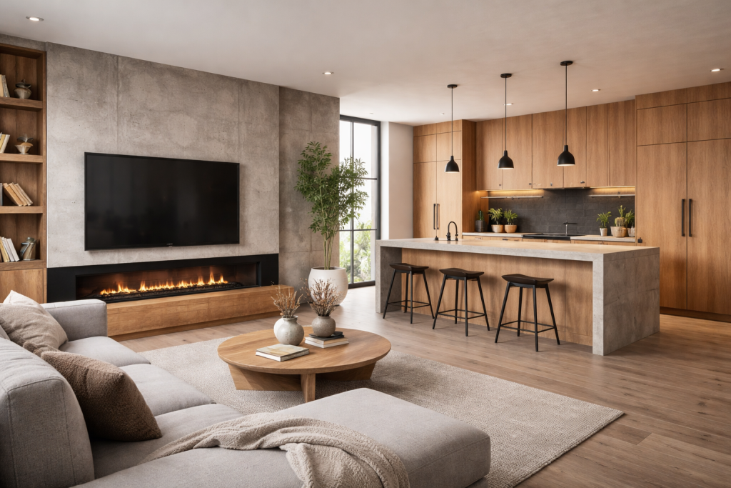 Modern living space combining concrete walls with wooden flooring and furniture for warmth