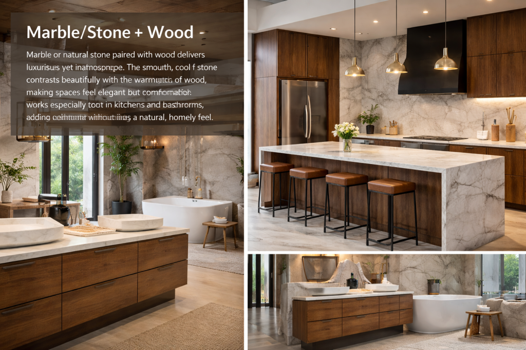 Modern kitchen and bathroom featuring marble surfaces paired with warm wood cabinetry