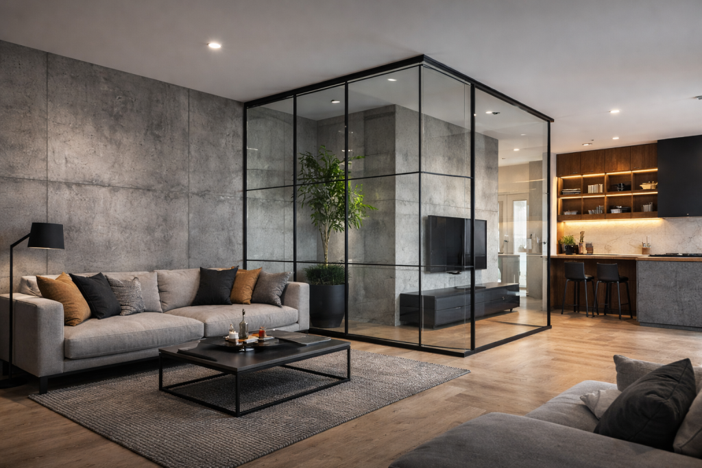 Minimalist living room with concrete walls and large glass partitions allowing natural light