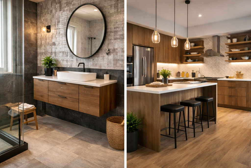 Bathroom and kitchen interior with tiled surfaces and wooden cabinetry creating a warm look