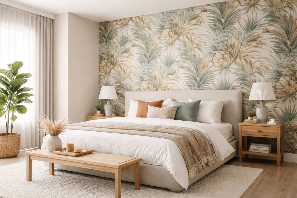 Bedroom interior with painted walls and decorative wallpaper accent wall