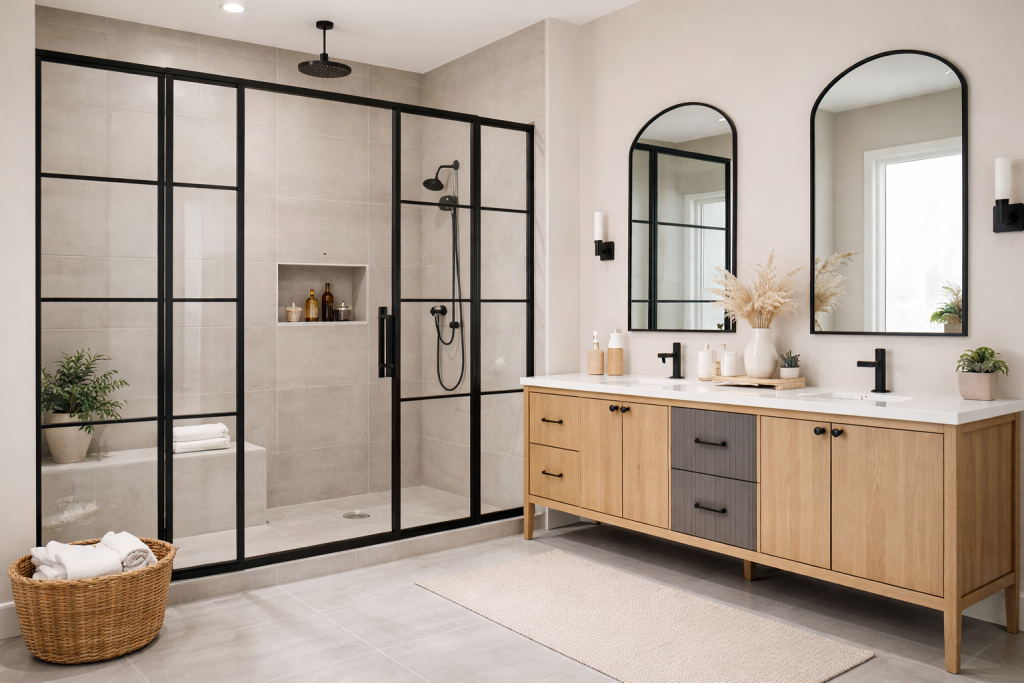 Modern interior with glass partitions and black metal frames creating a sleek look