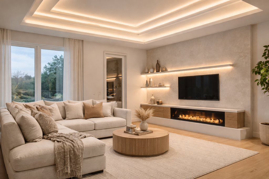 Living room with gypsum false ceiling and hidden LED lighting creating a soft glow