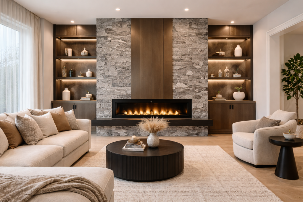 Living room with stone feature wall and metal accents creating a bold modern look