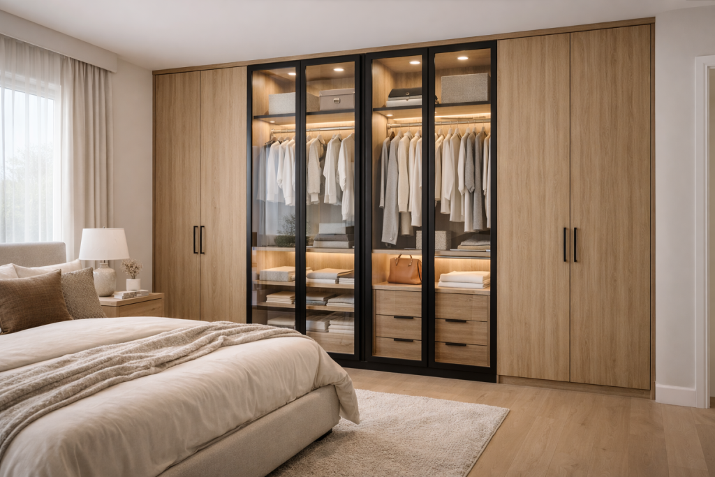 Bedroom wardrobe with laminate finish and glass panels creating a modern look