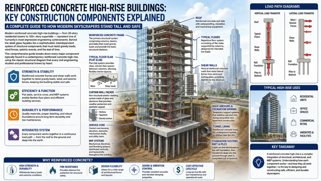 engineering infographic showing the cross-section of a reinforced concrete high-rise building with labeled structural components including flat slabs, shear walls, curtain wall façade, service core, MEP systems, raft foundation, piled foundation, excavation shoring, and load path diagrams illustrating vertical and lateral load transfer in skyscraper construction